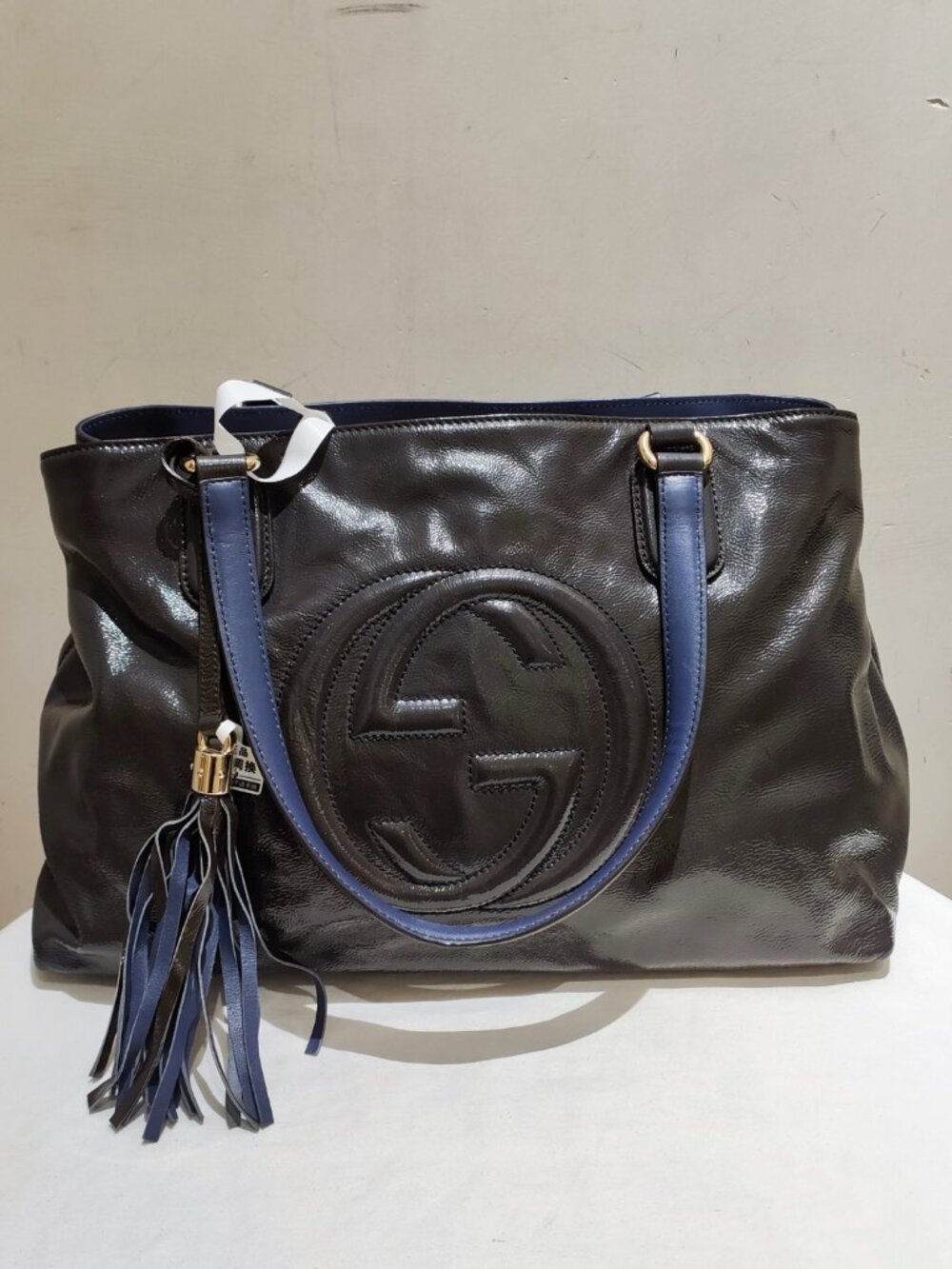 Gucci Soho Large Embossed Interlocking G Patent Leather Tote Handbag